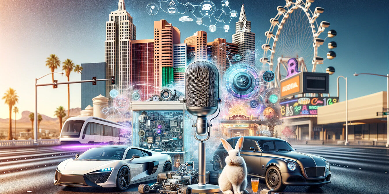 DALL·E 2024-01-23 13.50.47 – A scene in Las Vegas combining key elements of artificial intelligence in research and the automotive industry, with a microphone and a rabbit visible