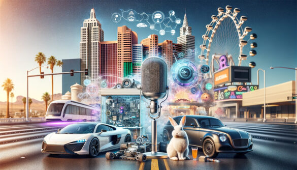 DALL·E 2024-01-23 13.50.47 – A scene in Las Vegas combining key elements of artificial intelligence in research and the automotive industry, with a microphone and a rabbit visible