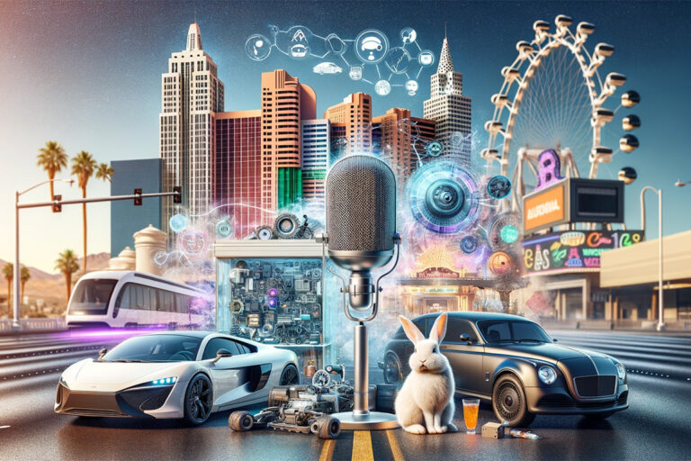 DALL·E 2024-01-23 13.50.47 – A scene in Las Vegas combining key elements of artificial intelligence in research and the automotive industry, with a microphone and a rabbit visible