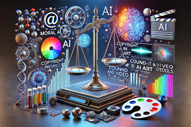 DALL·E 2024-12-06 09.03.48 – A 16_9 3D rendering that integrates the themes of the blog post_ moral AI, copyright in AI art, research predictions, sound and video generation, and_