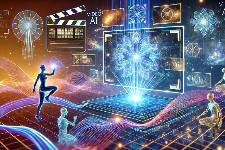 DALL·E 2024-12-19 22.53.26 – A visually striking digital artwork focused on video AI, featuring futuristic holographic video frames floating in a 3D space, connected by glowing ne