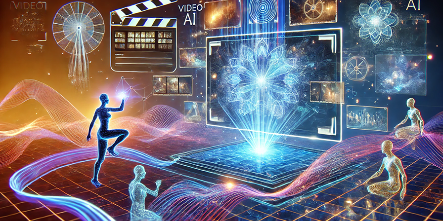 DALL·E 2024-12-19 22.53.26 – A visually striking digital artwork focused on video AI, featuring futuristic holographic video frames floating in a 3D space, connected by glowing ne